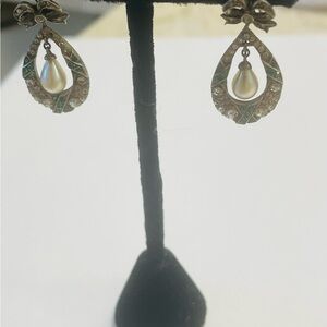 Antique Sterling Silver Earrings with Clear and Green Crystals Faux Pearls 1925